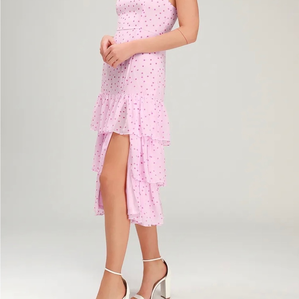 Lulus Nellie pink polka dot ruffled midi dress